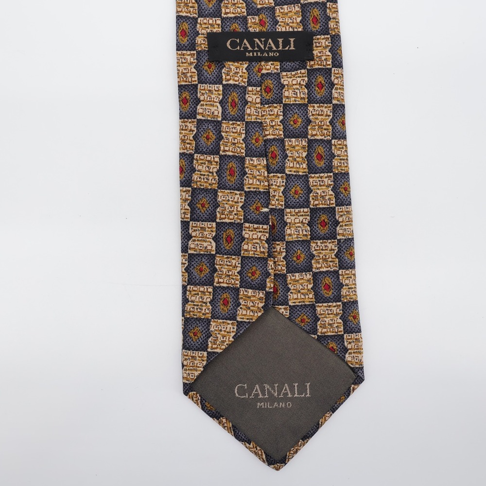 Canali Geometric‎ Medallion Silk Necktie Blue Gold Mens OS Tie - Picture 3 of 6
